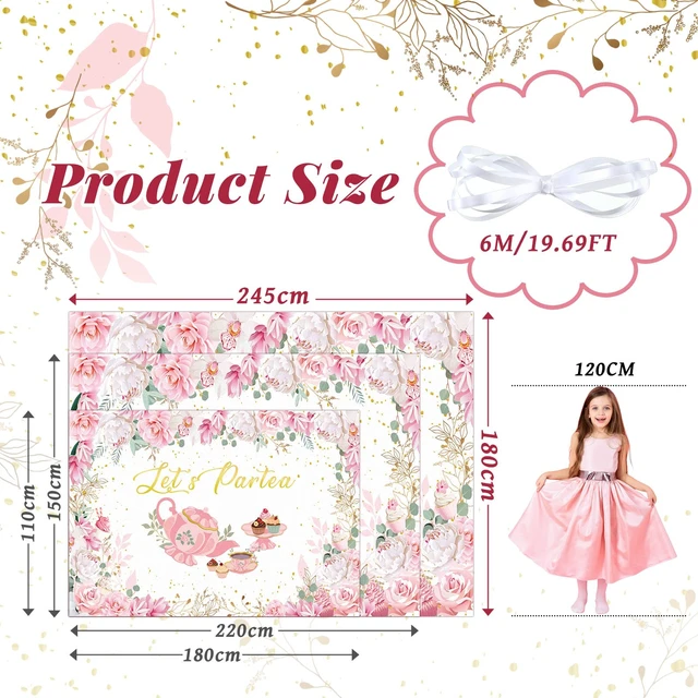 Alt view image 2 of 7 - 8 x 6 ft Tea Party Decoration Backdrop, Lets Partea Banner, White Pink Floral Design banner for Birthday Bridal Shower, Photo Booth Background, Baby Shower Decor, Tea Party Supplies