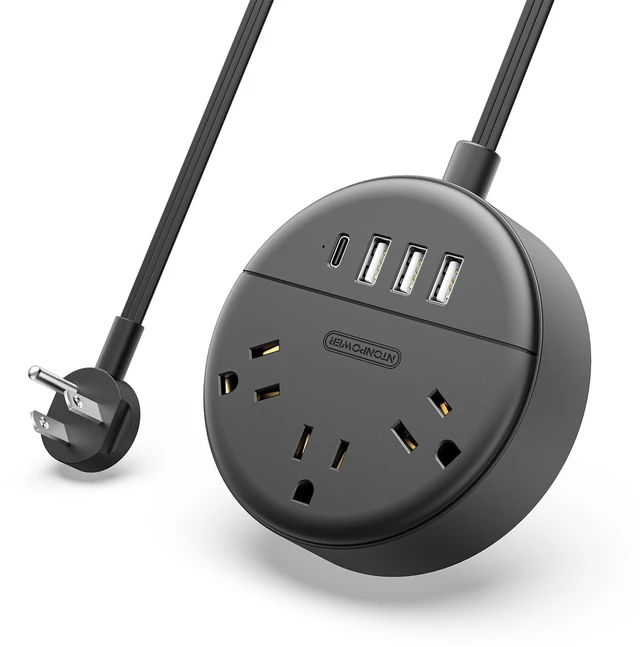 Main image of Flat Plug Power Strip with USB Ports, Nightstand Desktop Charging Station with 5ft Extension Cord, Wall Mount with 3 Outlet 4 USB(1 USB C), Small Size for Travel Home Office Dorm Room, Black