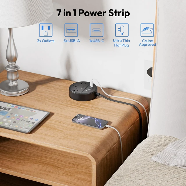 Alt view image 3 of 7 - Flat Plug Power Strip with USB Ports, Nightstand Desktop Charging Station with 5ft Extension Cord, Wall Mount with 3 Outlet 4 USB(1 USB C), Small Size for Travel Home Office Dorm Room, Black