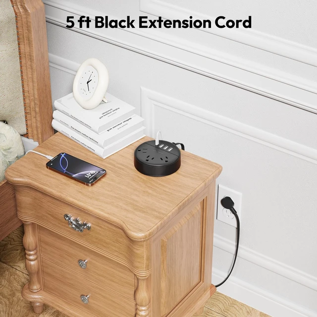 Alt view image 2 of 7 - Flat Plug Power Strip with USB Ports, Nightstand Desktop Charging Station with 5ft Extension Cord, Wall Mount with 3 Outlet 4 USB(1 USB C), Small Size for Travel Home Office Dorm Room, Black