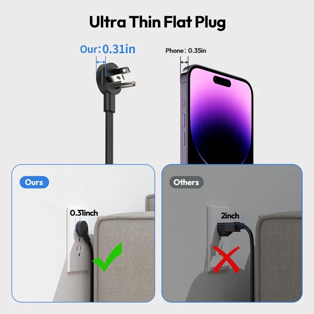 Alt view image 4 of 7 - Flat Plug Power Strip with USB Ports, Nightstand Desktop Charging Station with 5ft Extension Cord, Wall Mount with 3 Outlet 4 USB(1 USB C), Small Size for Travel Home Office Dorm Room, Black
