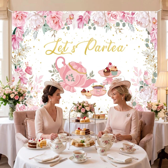 Alt view image 7 of 7 - 8 x 6 ft Tea Party Decoration Backdrop, Lets Partea Banner, White Pink Floral Design banner for Birthday Bridal Shower, Photo Booth Background, Baby Shower Decor, Tea Party Supplies