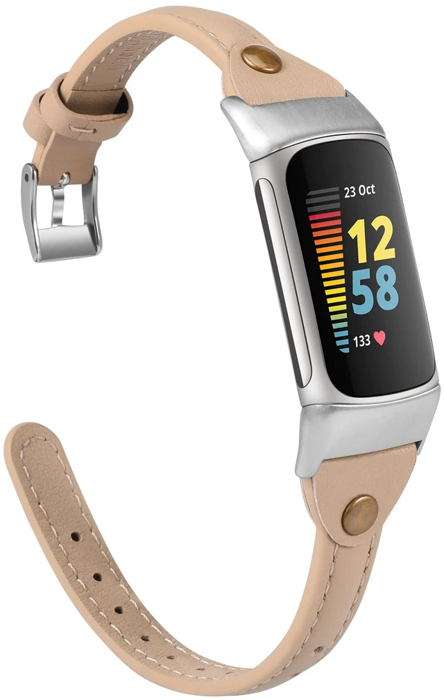 Main image of Slim Leather Band Compatible with Fitbit Charge 5/Charge 6 Bands Thin Leather Watch Strap Replacement Wristband Accessories for Fitbit Charge 6 5 Band Women Men