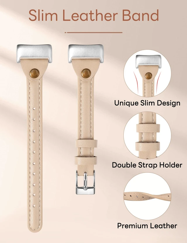 Alt view image 4 of 6 - Slim Leather Band Compatible with Fitbit Charge 5/Charge 6 Bands Thin Leather Watch Strap Replacement Wristband Accessories for Fitbit Charge 6 5 Band Women Men