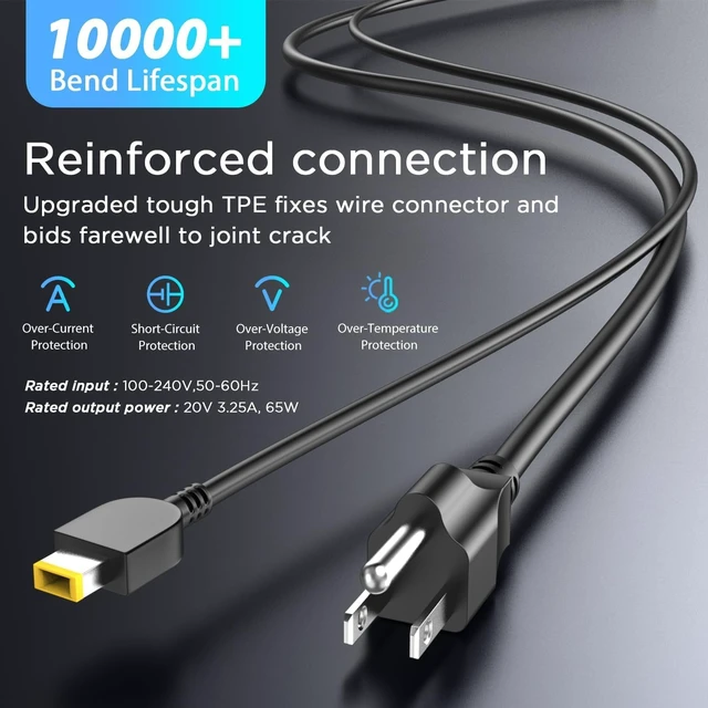 Alt view image 3 of 7 - 65W Laptop Charger for Lenovo ThinkPad & IdeaPad 65W 20V 3.25A Power Adapter Fits Lenovo ThinkPad Yoga, Rectangle Yellow Tip, Power Cord Included