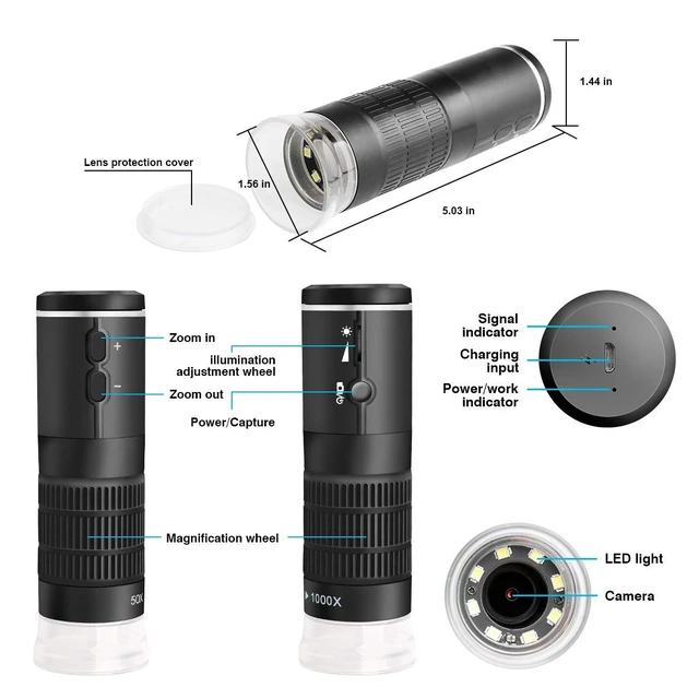 Alt view image 6 of 7 - WiFi Digital Microscope for iPhone Android Phone and Mac Windows PC 50-1000X Magnification Wireless Portable Microscope with Adjustable Metal Stand and Carrying Bag, HD 1080P/720P Video Record