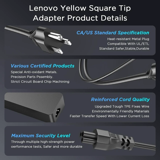 Alt view image 5 of 7 - 65W Laptop Charger for Lenovo ThinkPad & IdeaPad 65W 20V 3.25A Power Adapter Fits Lenovo ThinkPad Yoga, Rectangle Yellow Tip, Power Cord Included