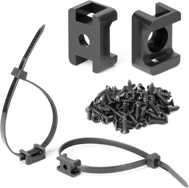 Main image of Saddle Type Zip Ties Big Mounts Base Kit 8" Ties Screws 200Pcs Each Wire Clips Anchor Management Fastener for Baseboard, Wall or Desk, Black