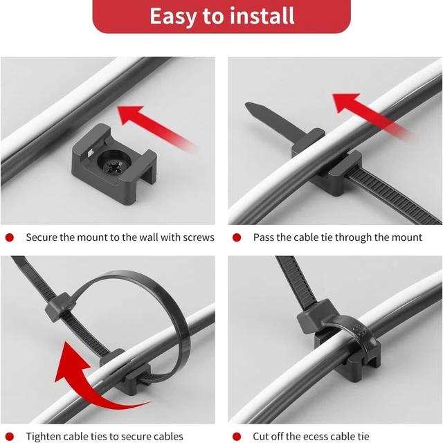 Alt view image 5 of 7 - Saddle Type Zip Ties Big Mounts Base Kit 8" Ties Screws 200Pcs Each Wire Clips Anchor Management Fastener for Baseboard, Wall or Desk, Black