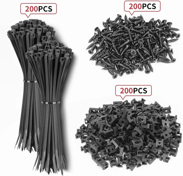 Alt view image 4 of 7 - Saddle Type Zip Ties Big Mounts Base Kit 8" Ties Screws 200Pcs Each Wire Clips Anchor Management Fastener for Baseboard, Wall or Desk, Black