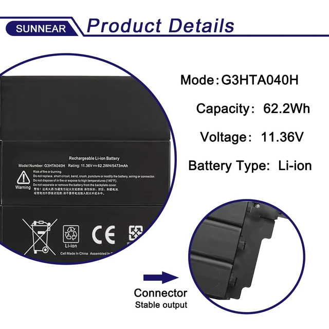 Alt view image 2 of 6 - G3HTA040H G3HTA041H Battery for Microsoft Surface Book 2 15' Model 1793 11.36V 5473mAh Battery Replacement for Microsoft Surface Book 2 15 inch Model 1793 Performance Base Series; P/N: G3HTA040H
