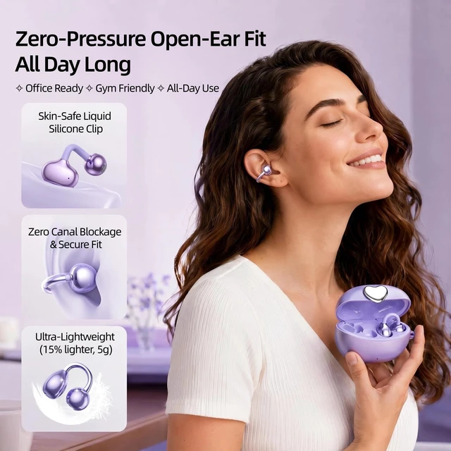 Alt view image 2 of 7 - Clip-On Earbuds Bluetooth 6.0 Open Ear Headphones, 6H Playtime Wireless Ear Buds for Women Small Ears, Lightweight Clip for Glasses & Running, IPX7 Waterproof,Purple