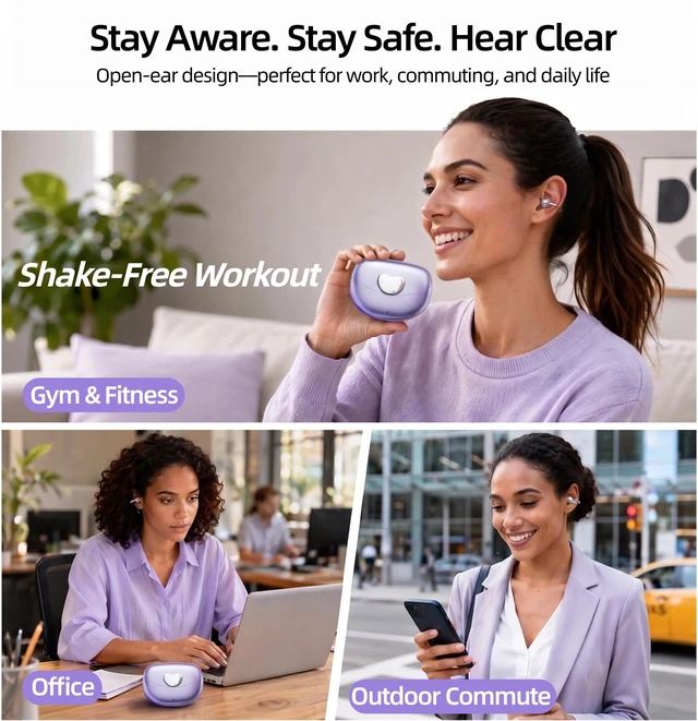 Alt view image 3 of 7 - Clip-On Earbuds Bluetooth 6.0 Open Ear Headphones, 6H Playtime Wireless Ear Buds for Women Small Ears, Lightweight Clip for Glasses & Running, IPX7 Waterproof,Purple