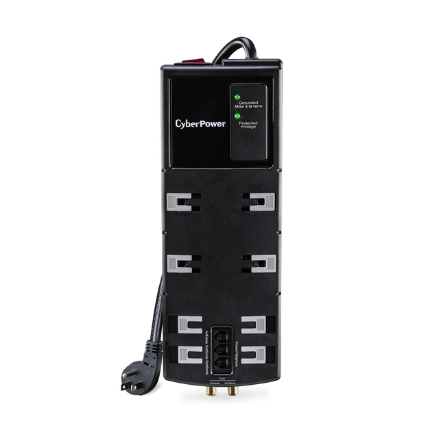 Main image of HT812TC Home Theater Surge Protector w/Dust Covers Coax, Phone Protection, 4350J/120V, 8 Outlets (4 Wide Spaced), 6ft Power Cord, Rt Angle Plug
