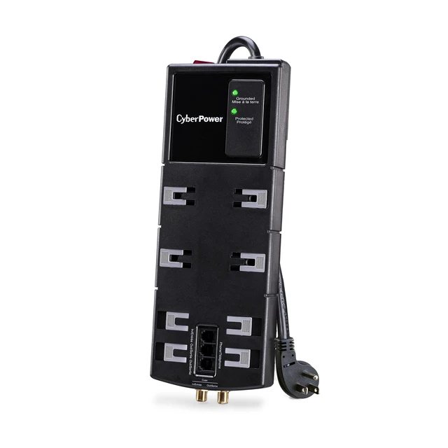 Alt view image 2 of 5 - HT812TC Home Theater Surge Protector w/Dust Covers Coax, Phone Protection, 4350J/120V, 8 Outlets (4 Wide Spaced), 6ft Power Cord, Rt Angle Plug