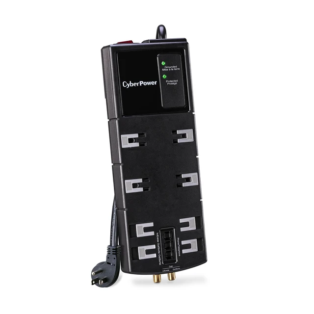 Alt view image 3 of 5 - HT812TC Home Theater Surge Protector w/Dust Covers Coax, Phone Protection, 4350J/120V, 8 Outlets (4 Wide Spaced), 6ft Power Cord, Rt Angle Plug