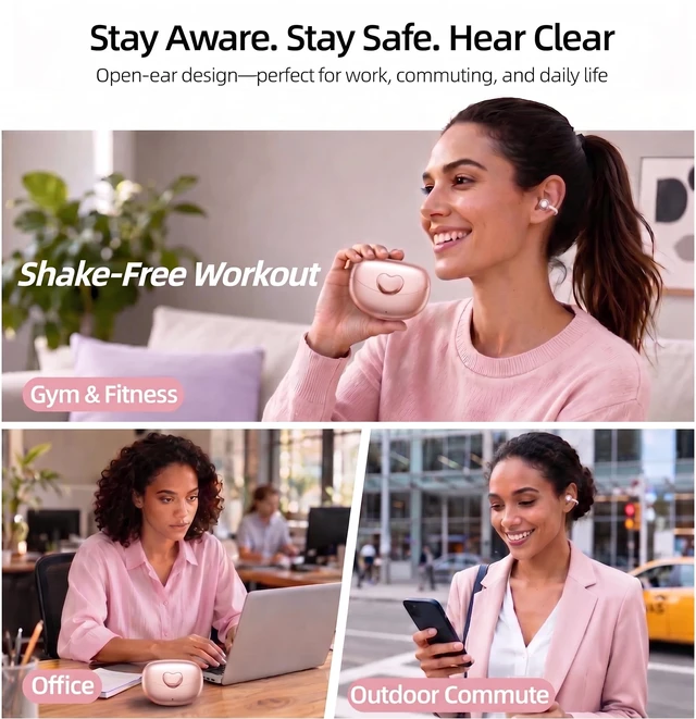 Alt view image 4 of 7 - Clip-On Earbuds Bluetooth 6.0 Open Ear Headphones, 6H Playtime Wireless Ear Buds for Women Small Ears, Lightweight Clip for Glasses & Running, IPX7 Waterproof,Pink