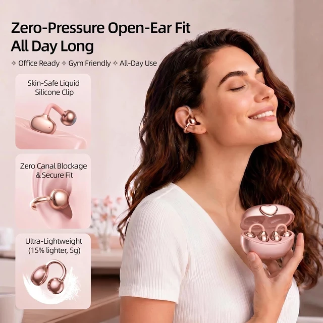 Alt view image 3 of 7 - Clip-On Earbuds Bluetooth 6.0 Open Ear Headphones, 6H Playtime Wireless Ear Buds for Women Small Ears, Lightweight Clip for Glasses & Running, IPX7 Waterproof,Pink