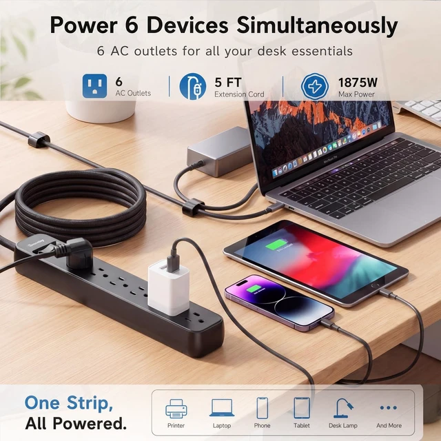 Alt view image 2 of 7 - Power Strip Surge Protector, 4 Feet Extension Cord, 1080 Joules Surge Protection, Multiple Protection 6 Outlet Strip, 14 AWG Cord, 15A/1875W, ETL Listed, 2 Packs