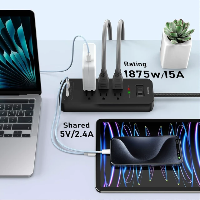 Alt view image 3 of 7 - Power Strip Surge Protector, 4 Feet Extension Cord, 1080 Joules Surge Protection, Multiple Protection 6 Outlet Strip, 14 AWG Cord, 15A/1875W, ETL Listed, 2 Packs
