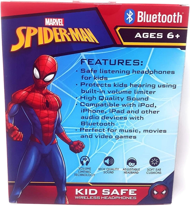 Alt view image 4 of 5 - Spider Man Bluetooth Kid Safe Headphones Over The Ear Padded Cushions Flying on a Web Design