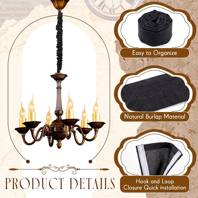 Alt view image 3 of 6 - 2 Pack 6 ft Black Fabric Cord Covers for Chandelier Chains, Hook and Loop Low-profile Dark Appearance; 5.12 in Coverage Width; Cut-to-fit Fabric; Organizes Wiring for Modern and Industrial Rooms