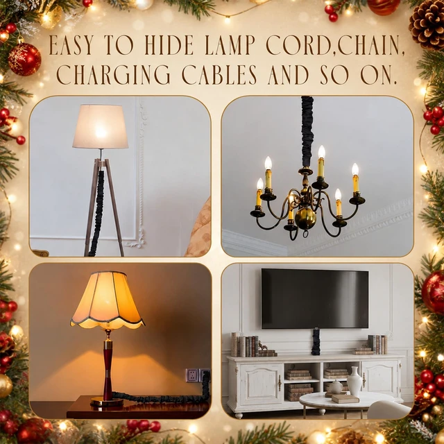 Alt view image 6 of 6 - 2 Pack 6 ft Black Fabric Cord Covers for Chandelier Chains, Hook and Loop Low-profile Dark Appearance; 5.12 in Coverage Width; Cut-to-fit Fabric; Organizes Wiring for Modern and Industrial Rooms