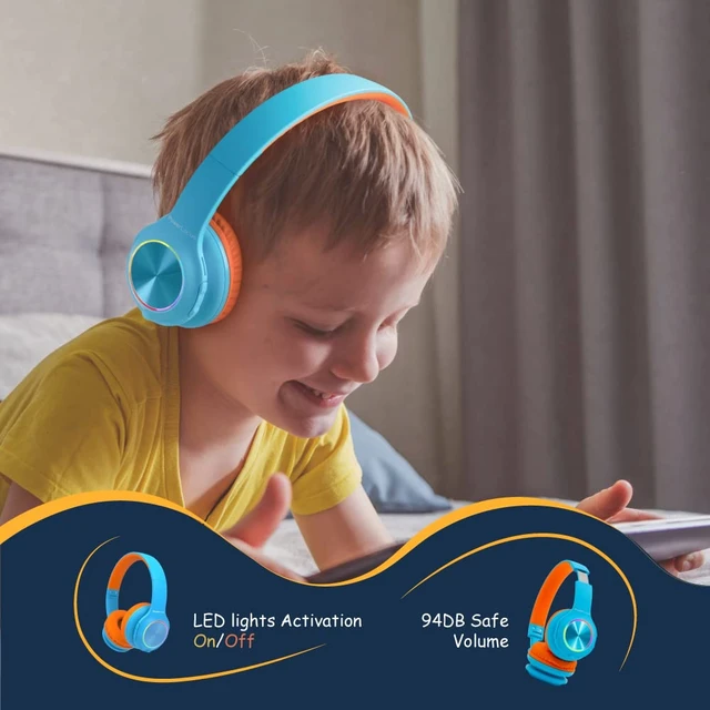 Alt view image 4 of 7 - Kids Bluetooth Headphones, LED Lights, with Fabric Carry Case Over Ear Kids Wireless Headphones, 74/85/94dB Safe Volume, Micro SD, Wired Mode, HD Stereo, Built-in Mic for Travel/Tablet/PC