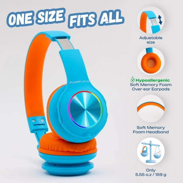 Alt view image 5 of 7 - Kids Bluetooth Headphones, LED Lights, with Fabric Carry Case Over Ear Kids Wireless Headphones, 74/85/94dB Safe Volume, Micro SD, Wired Mode, HD Stereo, Built-in Mic for Travel/Tablet/PC