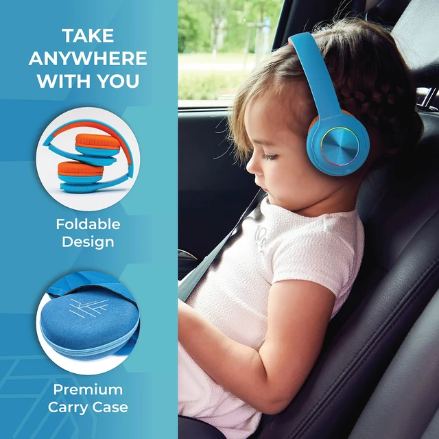 Alt view image 6 of 7 - Kids Bluetooth Headphones, LED Lights, with Fabric Carry Case Over Ear Kids Wireless Headphones, 74/85/94dB Safe Volume, Micro SD, Wired Mode, HD Stereo, Built-in Mic for Travel/Tablet/PC