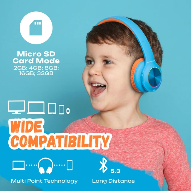 Alt view image 7 of 7 - Kids Bluetooth Headphones, LED Lights, with Fabric Carry Case Over Ear Kids Wireless Headphones, 74/85/94dB Safe Volume, Micro SD, Wired Mode, HD Stereo, Built-in Mic for Travel/Tablet/PC