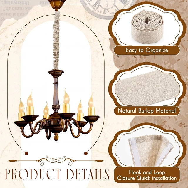 Alt view image 3 of 6 - 2 Pack 6 ft White Fabric Cord Covers for Chandelier Chains, Hook and Loop Light Neutral Appearance; 5.12 in Coverage Width; Cut-to-fit Fabric; Soft Gathered Texture for Bright Rustic Boho Interiors