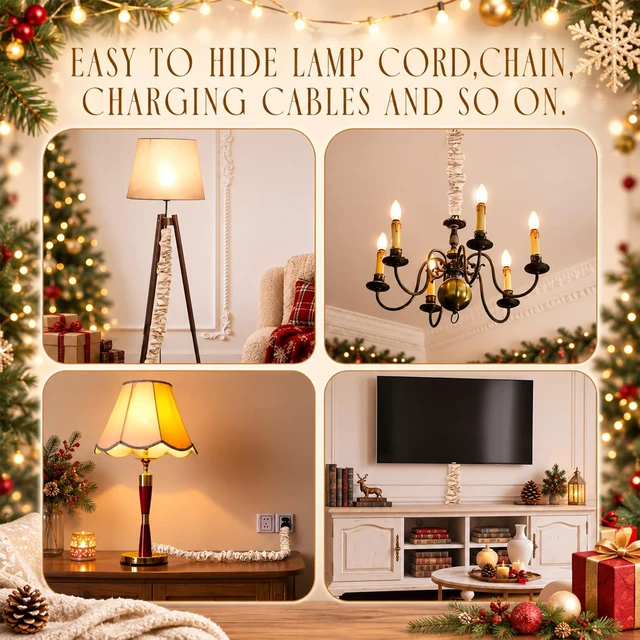 Alt view image 6 of 6 - 2 Pack 6 ft White Fabric Cord Covers for Chandelier Chains, Hook and Loop Light Neutral Appearance; 5.12 in Coverage Width; Cut-to-fit Fabric; Soft Gathered Texture for Bright Rustic Boho Interiors