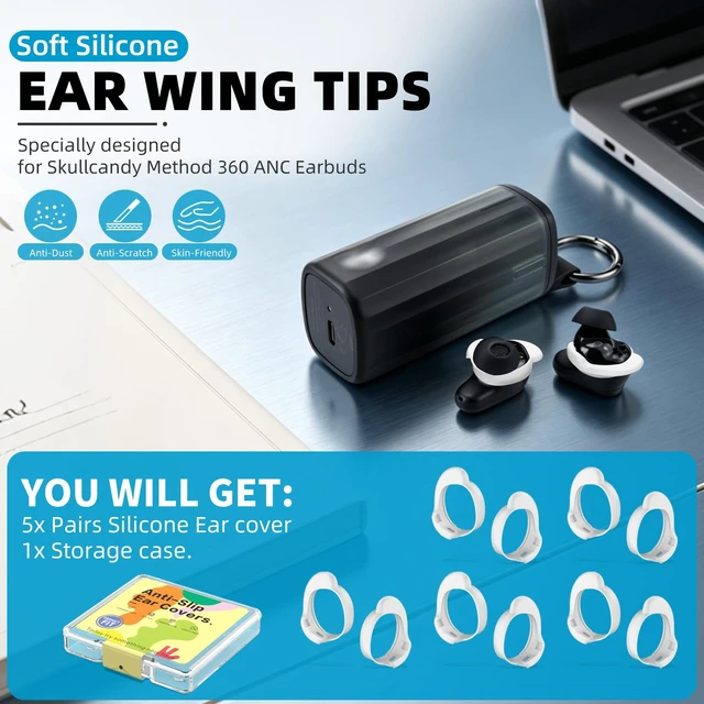Alt view image 2 of 7 - 5-Pairs Replacement Ear Wings for Skullcandy Method 360 ANC Earbuds, White Soft Silicone Anti-Slip Ear Tips Cover for Method 360 ANC Earbuds Accessories with Storage Box, Fit in Charging Case