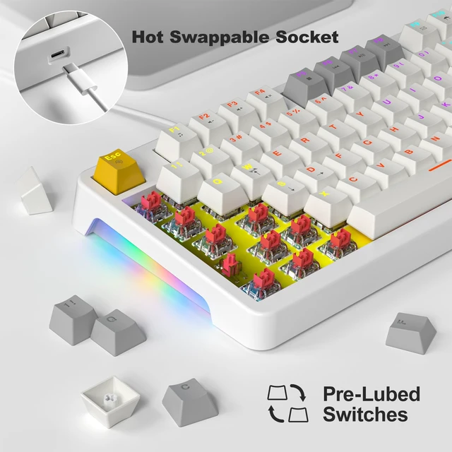 Alt view image 2 of 7 - AK96 Red Switch Gaming Smart Mechanical Keyboard 96 Keys, White Compact 96% Layout,Hot-Swappable,LED Colorful Backlit,Clicky Creamy Sounding,USB Wired with Volume Knob,For PC,Mac,Windows