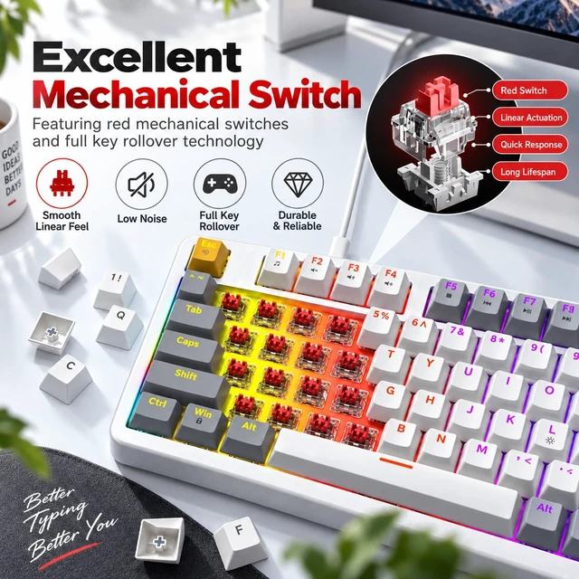 Alt view image 3 of 7 - AK96 Red Switch Gaming Smart Mechanical Keyboard 96 Keys, White Compact 96% Layout,Hot-Swappable,LED Colorful Backlit,Clicky Creamy Sounding,USB Wired with Volume Knob,For PC,Mac,Windows