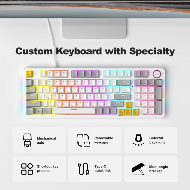 Alt view image 6 of 7 - AK96 Red Switch Gaming Smart Mechanical Keyboard 96 Keys, White Compact 96% Layout,Hot-Swappable,LED Colorful Backlit,Clicky Creamy Sounding,USB Wired with Volume Knob,For PC,Mac,Windows