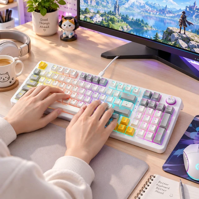 Alt view image 7 of 7 - AK96 Red Switch Gaming Smart Mechanical Keyboard 96 Keys, White Compact 96% Layout,Hot-Swappable,LED Colorful Backlit,Clicky Creamy Sounding,USB Wired with Volume Knob,For PC,Mac,Windows