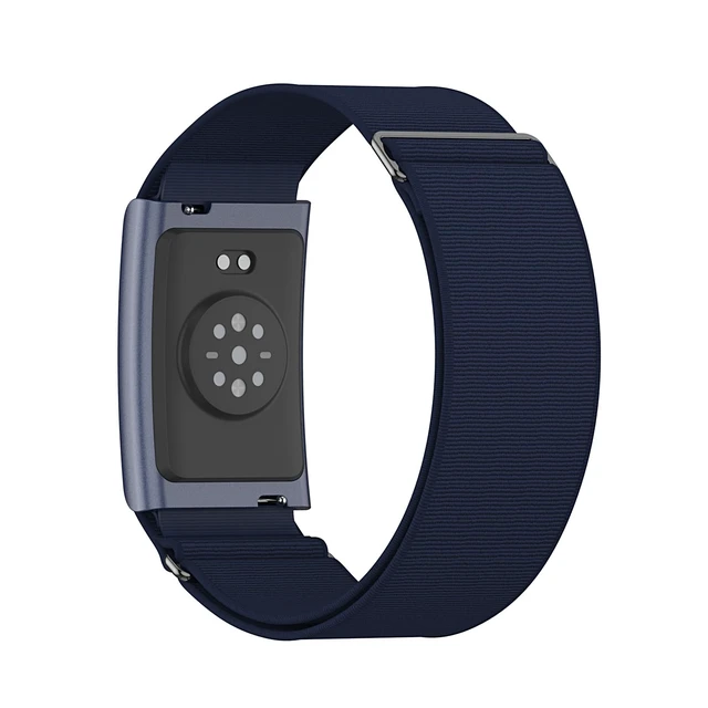 Alt view image 2 of 7 - Stretchy Nylon Sport Loop Compatible with Amazfit Helio Strap, Adjustable Elastic Fitness Tracker Wristband with Pre-Installed 22mm Pins (Navy Blue)