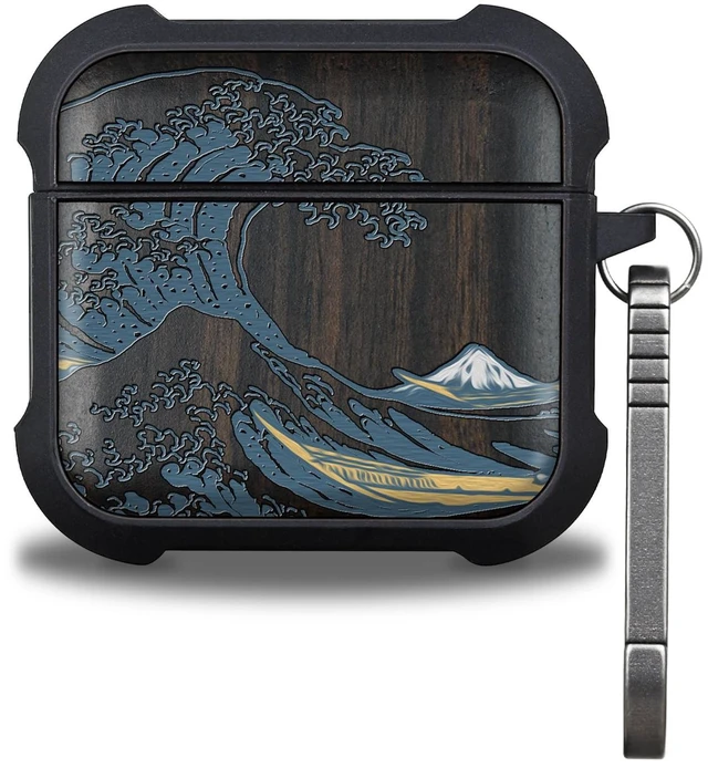 Main image of Black Solid Wood for AirPods 5 Case/AirPods 4 Case, Great Wave AirPods 4th / 5th Generation Case with Quick Released Keychain, Soft Shockproof TPU Cover, Art Painting Hand-Drawn Style