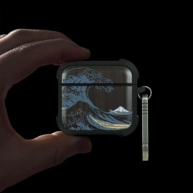 Alt view image 2 of 7 - Black Solid Wood for AirPods 5 Case/AirPods 4 Case, Great Wave AirPods 4th / 5th Generation Case with Quick Released Keychain, Soft Shockproof TPU Cover, Art Painting Hand-Drawn Style
