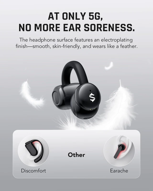 Alt view image 3 of 7 - Clip-On Earbuds, Open Ear Earbuds, Music and Game Dual Modes, 5g Lightweight & Digital Display Design, DNN Clear Calls, 50H Play Time, Comfort Fit for Sports, Running, Workout