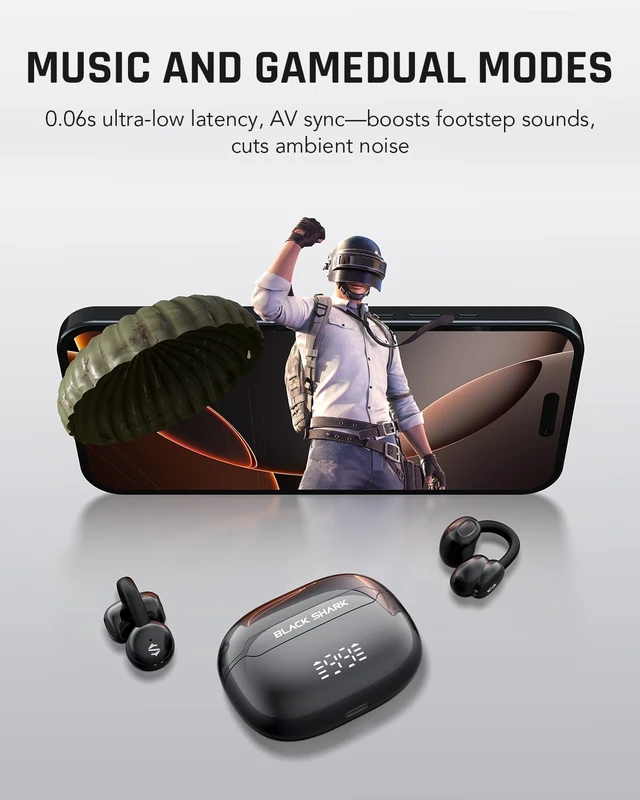 Alt view image 5 of 7 - Clip-On Earbuds, Open Ear Earbuds, Music and Game Dual Modes, 5g Lightweight & Digital Display Design, DNN Clear Calls, 50H Play Time, Comfort Fit for Sports, Running, Workout