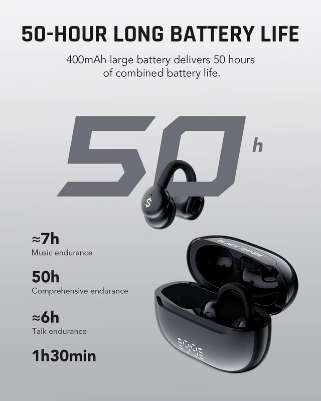 Alt view image 6 of 7 - Clip-On Earbuds, Open Ear Earbuds, Music and Game Dual Modes, 5g Lightweight & Digital Display Design, DNN Clear Calls, 50H Play Time, Comfort Fit for Sports, Running, Workout