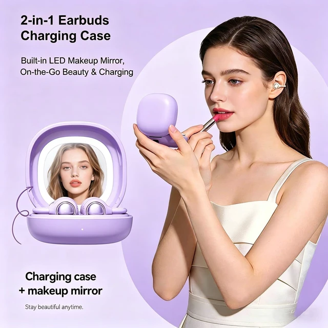 Alt view image 2 of 7 - 2-in-1 Earbuds Set with Makeup Mirror, Invisible Sleep Earbuds & Open-Ear Clip On Headphones, Bluetooth 5.4, 48H Playtime, ENC Mic, IPX5 Waterproof for Small Ears Work Sleep Sports (Purple)