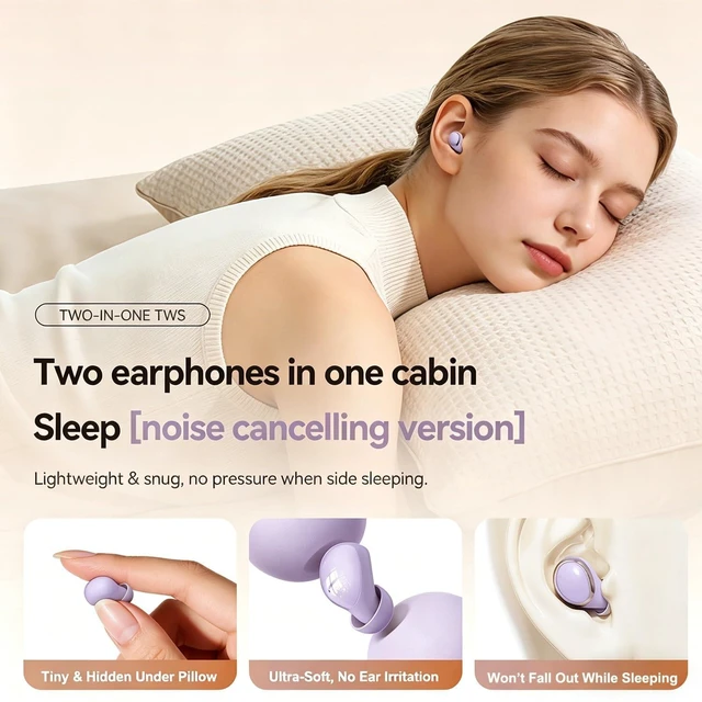 Alt view image 4 of 7 - 2-in-1 Earbuds Set with Makeup Mirror, Invisible Sleep Earbuds & Open-Ear Clip On Headphones, Bluetooth 5.4, 48H Playtime, ENC Mic, IPX5 Waterproof for Small Ears Work Sleep Sports (Purple)