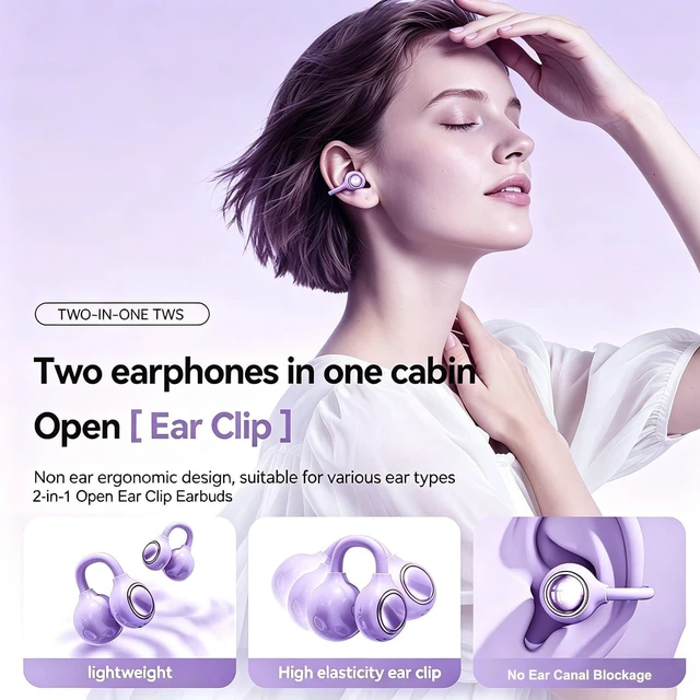 Alt view image 5 of 7 - 2-in-1 Earbuds Set with Makeup Mirror, Invisible Sleep Earbuds & Open-Ear Clip On Headphones, Bluetooth 5.4, 48H Playtime, ENC Mic, IPX5 Waterproof for Small Ears Work Sleep Sports (Purple)