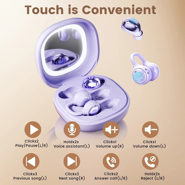 Alt view image 7 of 7 - 2-in-1 Earbuds Set with Makeup Mirror, Invisible Sleep Earbuds & Open-Ear Clip On Headphones, Bluetooth 5.4, 48H Playtime, ENC Mic, IPX5 Waterproof for Small Ears Work Sleep Sports (Purple)