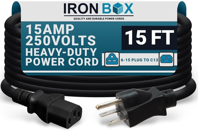 Main image of IronBox Electric NEMA 6-15 Plug to C13 Connector Power Cords - 15A/250V - 14/3 AWG - Power Supply Replacement Cable - UL Listed Heavy Duty Cord for Monitor, Computer, TV & More (15 ft, Molded)