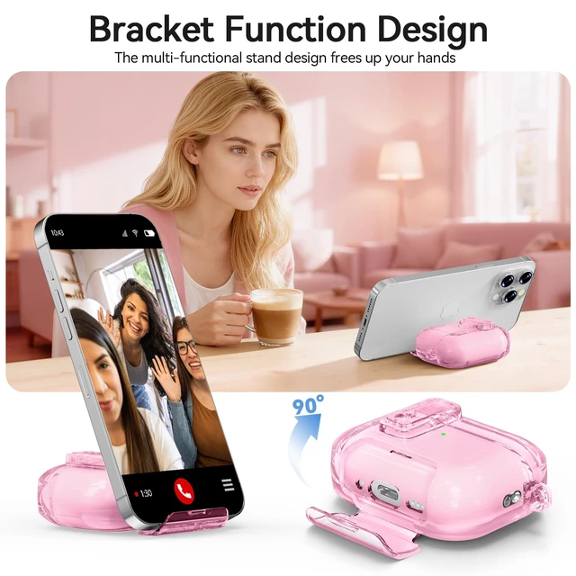 Alt view image 4 of 7 - for AirPods Pro 3 Case Clear 2025 with Secure Lock, Clear Pink Soft TPU Transparent Case Cover for Apple AirPods Pro 3rd Generation with Phone Stand & Cleaning Kit & Keychain for Women Men